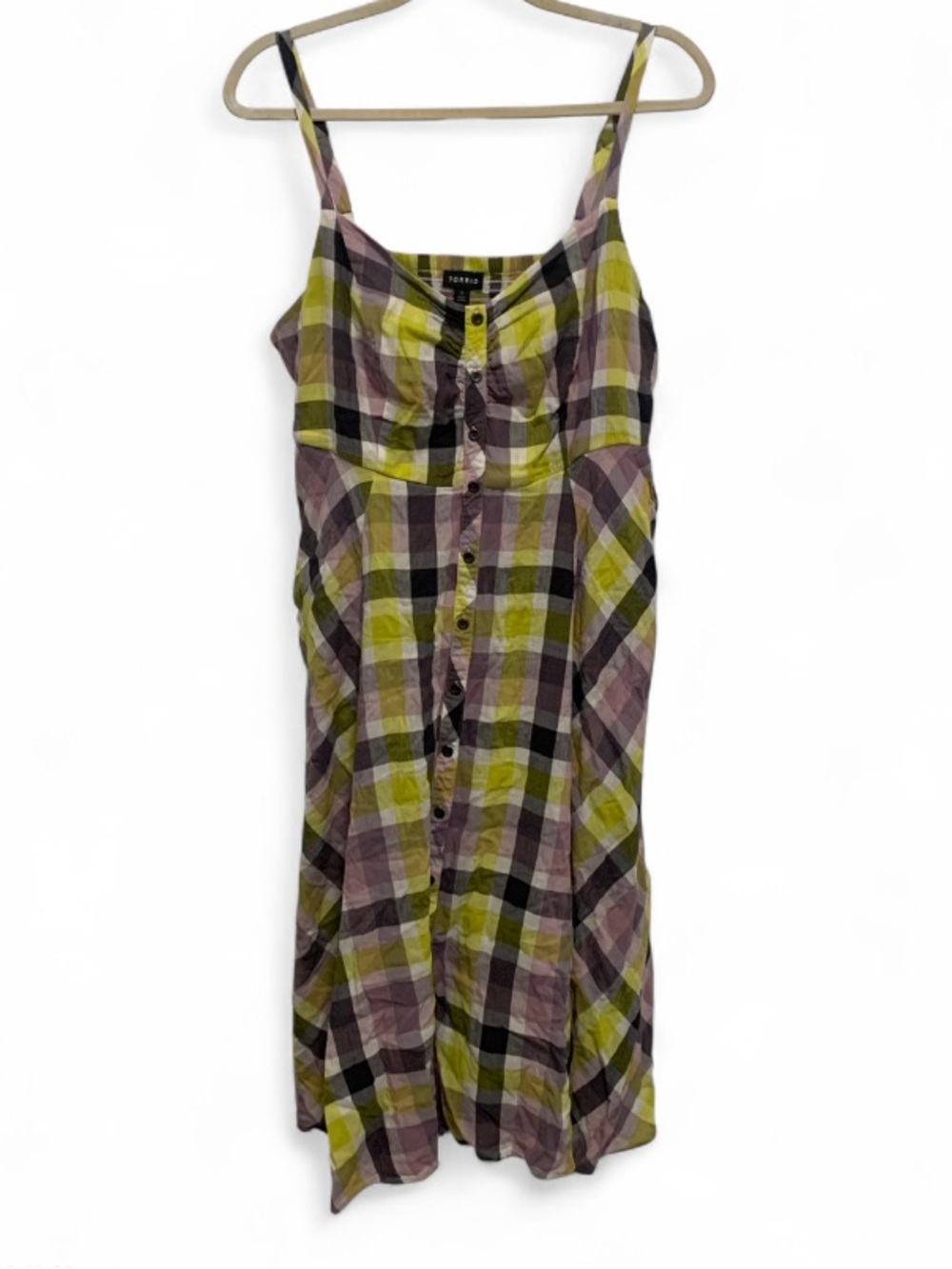 Torrid Yellow Purple Plaid Challis Button Down Midi Dress